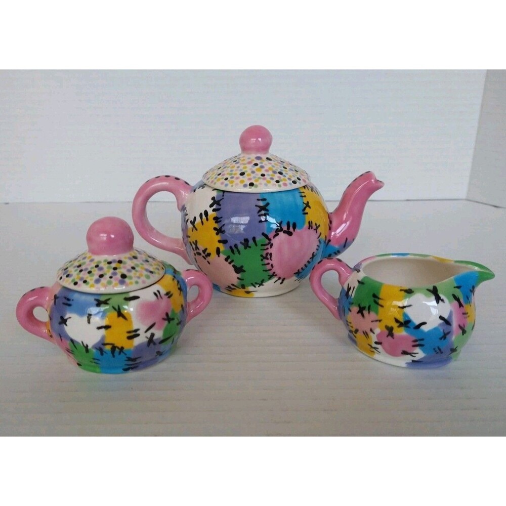 Vintage 2005 Hand Painted Signed Tea Set Pot Sugar Bowl Creamer patchwork